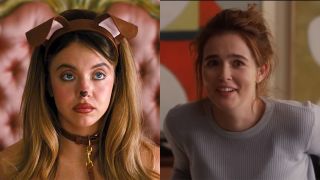 Sydney Sweeney in puppy fit on Euphoria and Deutch laughing at a desk in Set it Up.