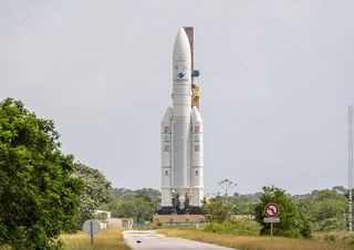 An Ariane 5 rocket, topped with the Eutelsat Konnect and GSAT-30 communications satellites, rolls out to the ELA-3 launch zone at the Guiana Spaceport near Kourou, French Guiana, ahead of its planned launch on Jan. 15, 2020.