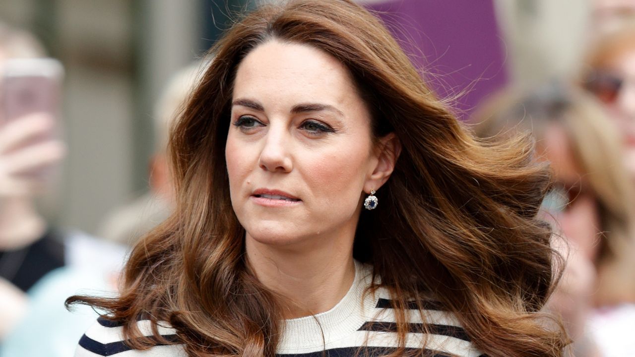 Kate Middleton wears a striped jumper as she attends the launch the King&#039;s Cup Regatta at the Cutty Sark, Greenwich on May 7, 2019 in London, England. 