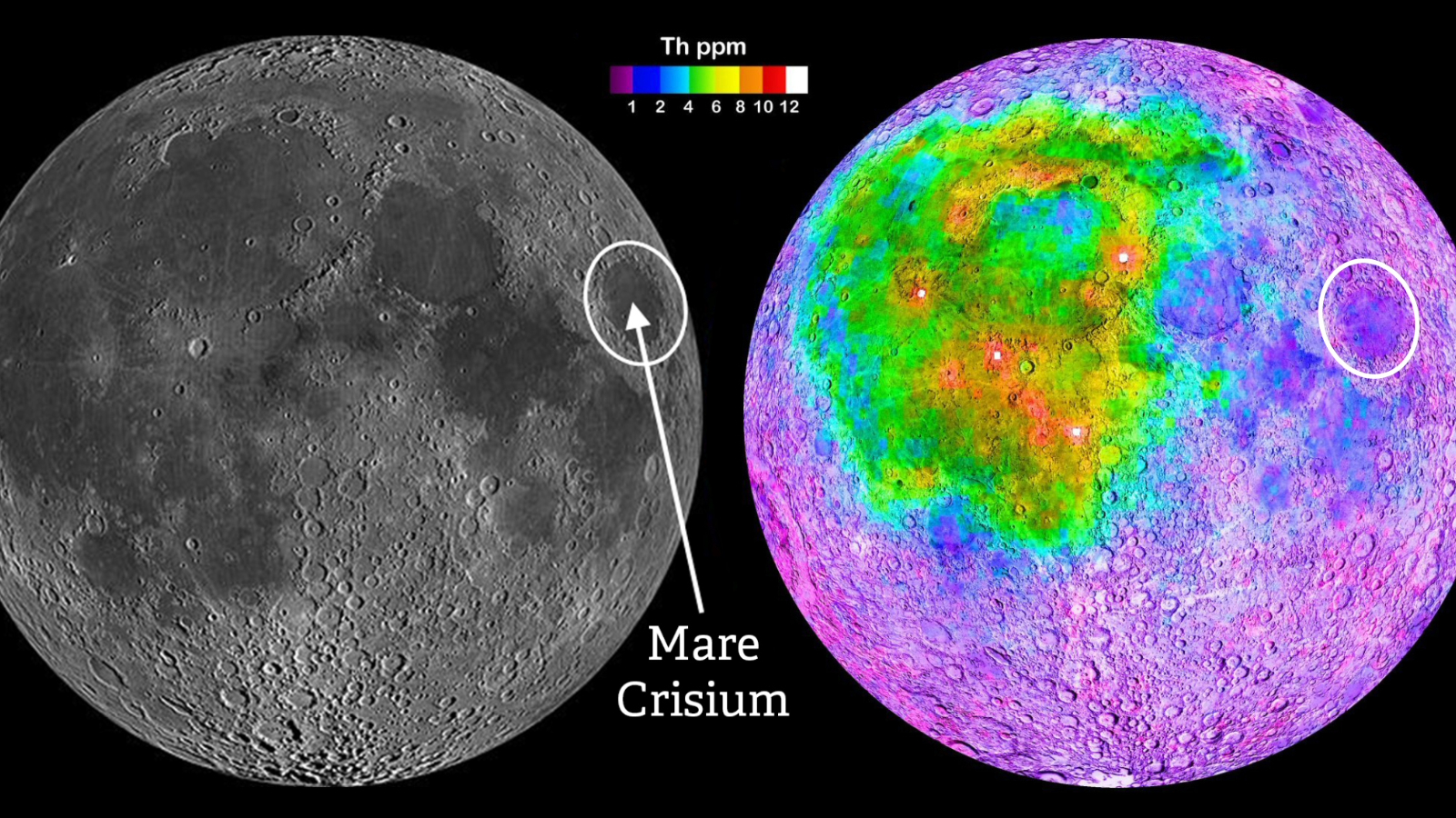 The moon (left) and its a view of its geophysical measurements.