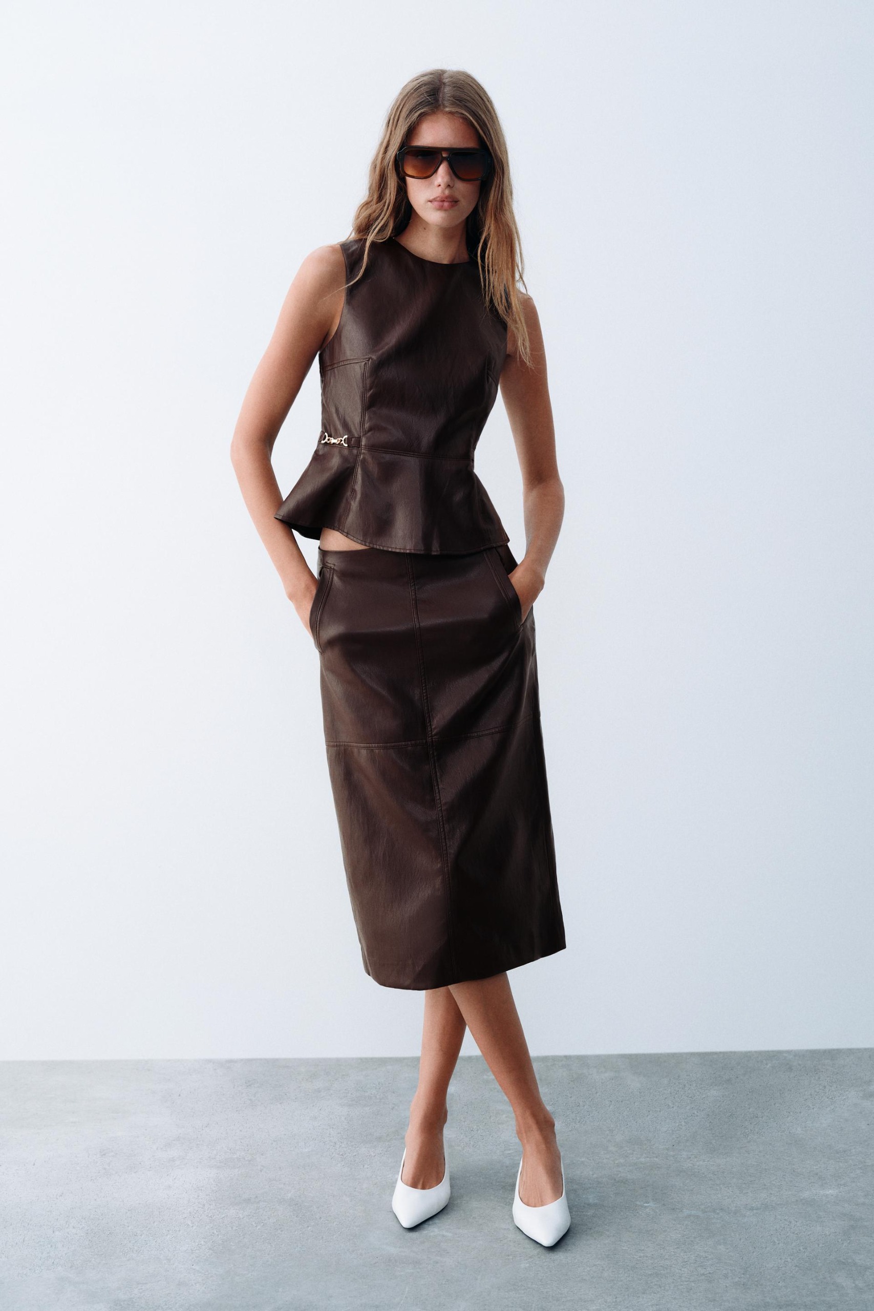 Faux Leather Effect Midi Skirt - Burgundy - Xs
