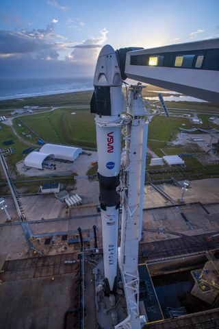 The Crew Dragon capsule that will deliver Crew-1 to the International Space Station sits on Pad 39A at NASA&#039;s Kennedy Space Center in Cape Canaveral, Florida in anticipation of the Nov. 14 launch.