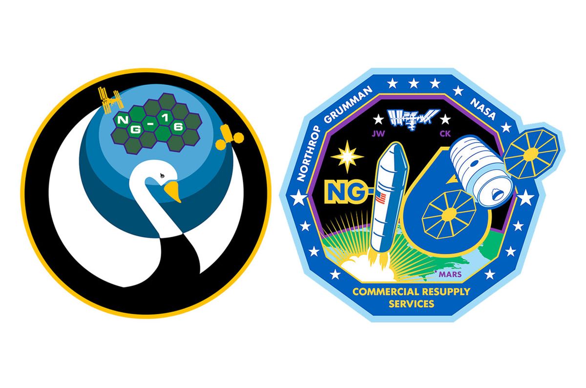 NASA and Northrop Grumman mission patches for the S.S. Ellison Onizuka NG-16 Cygnus spacecraft.