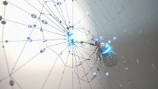 Scattered Spider cyber crime group concept image showing a robotic spider climbing up a web with glowing digital data points.