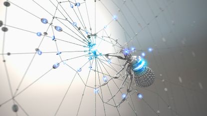 Scattered Spider cyber crime group concept image showing a robotic spider climbing up a web with glowing digital data points.