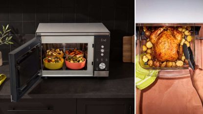 Ninja Crispi Microwave open with four bowls in as well as the Ninja Crispi cooking a roast chicken