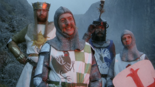 Screenshot of Sir Robin smiling at the bridge from Monty Python and the Holy Grail