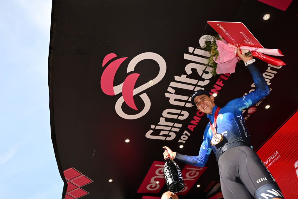 RAPOLANO TERME ITALY MAY 09 Pelayo Sanchez of Spain and Movistar Team celebrates at podium as stage winner during the 107th Giro dItalia 2024 Stage 6 a 180km stage from Viareggio to Rapolano terme 322m UCIWT on May 09 2024 in Rapolano terme Italy Photo by Tim de WaeleGetty Images