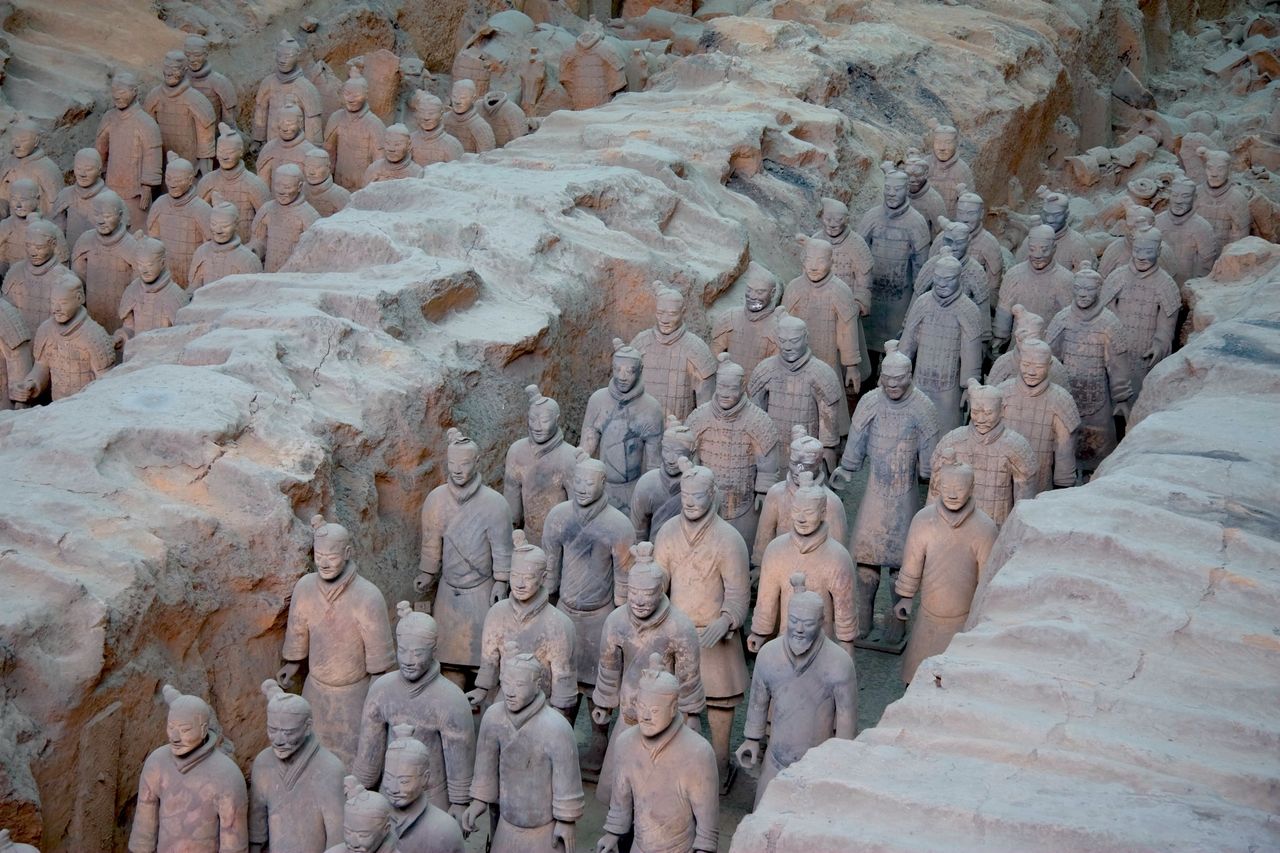 An aerial view of a Terracotta Army excavation pit