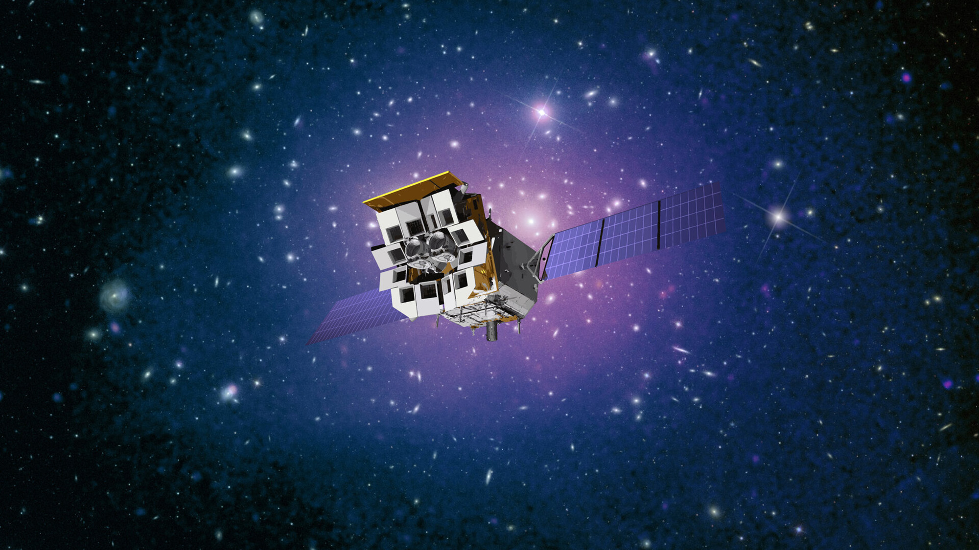 An illustration of the Einstein Probe against a purple deep space background