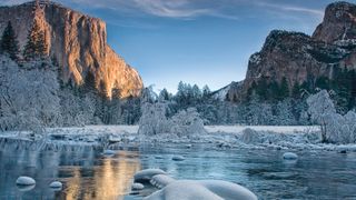 Half dome catches the sunset in Yosemite in winter