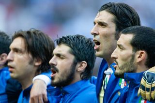 Italy players sing the national anthem ahead of the 2006 World Cup final against France in Berlin.