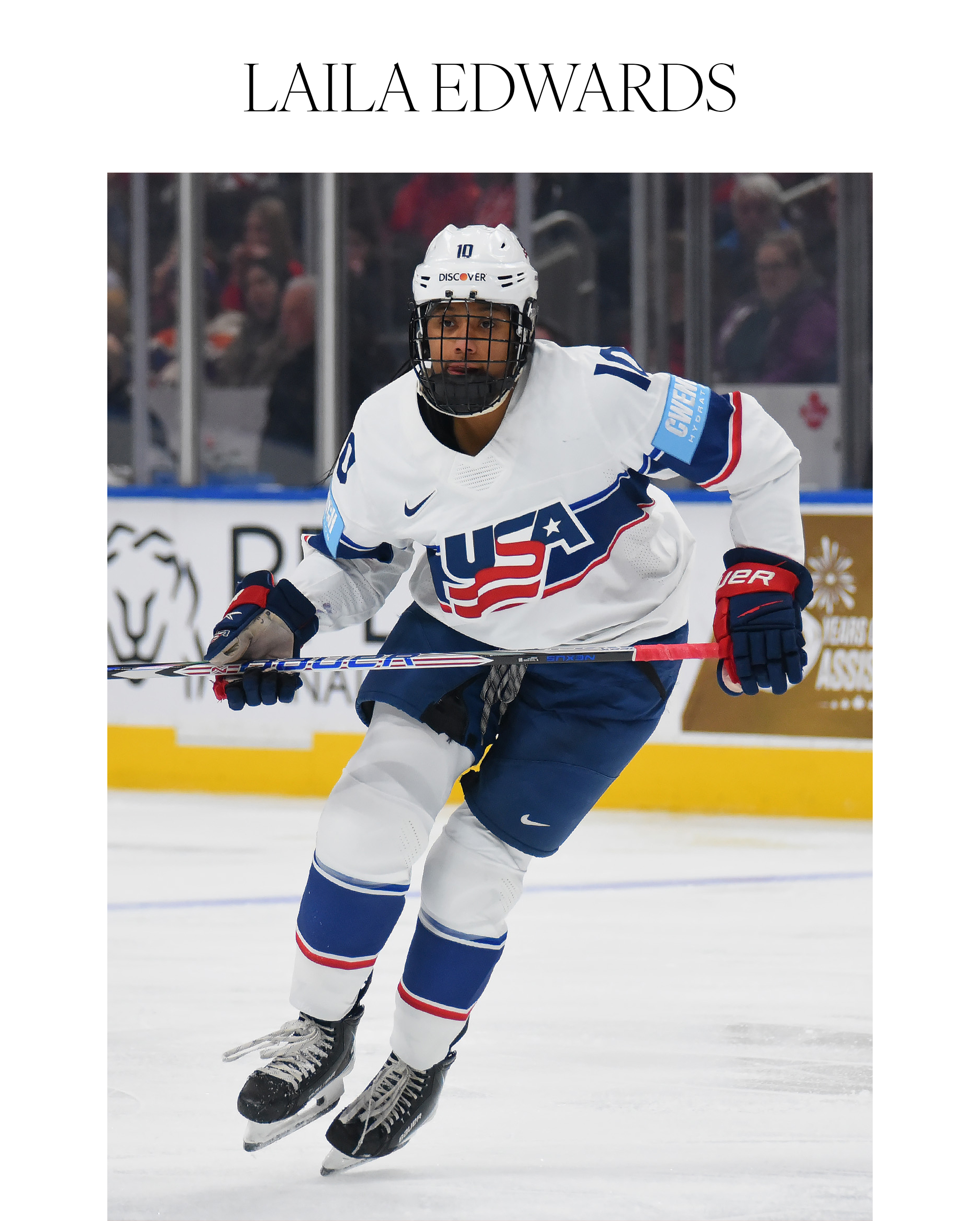 EDMONTON, CANADA - DECEMBER 10: Laila Edwards #10 of Team USA in action during Game One of the 2025 Rivalry Series against Team Canada at Rogers Place on December 10, 2025, in Edmonton, Alberta, Canada.