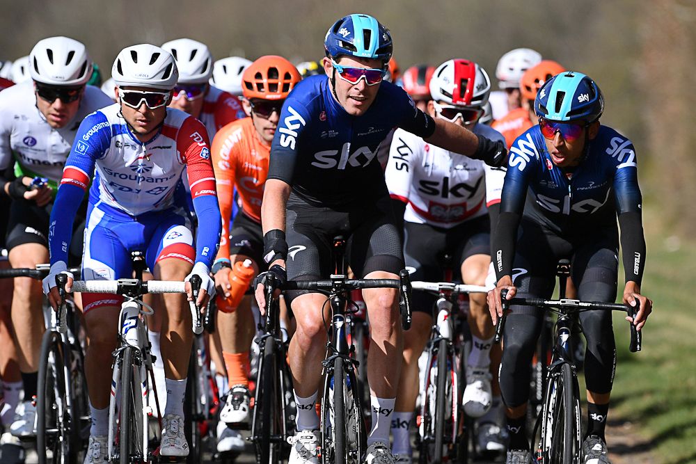 Luke Rowe and Egan Bernal enjoy the less stressful times during the beginning of stage 1 at Paris-Nice
