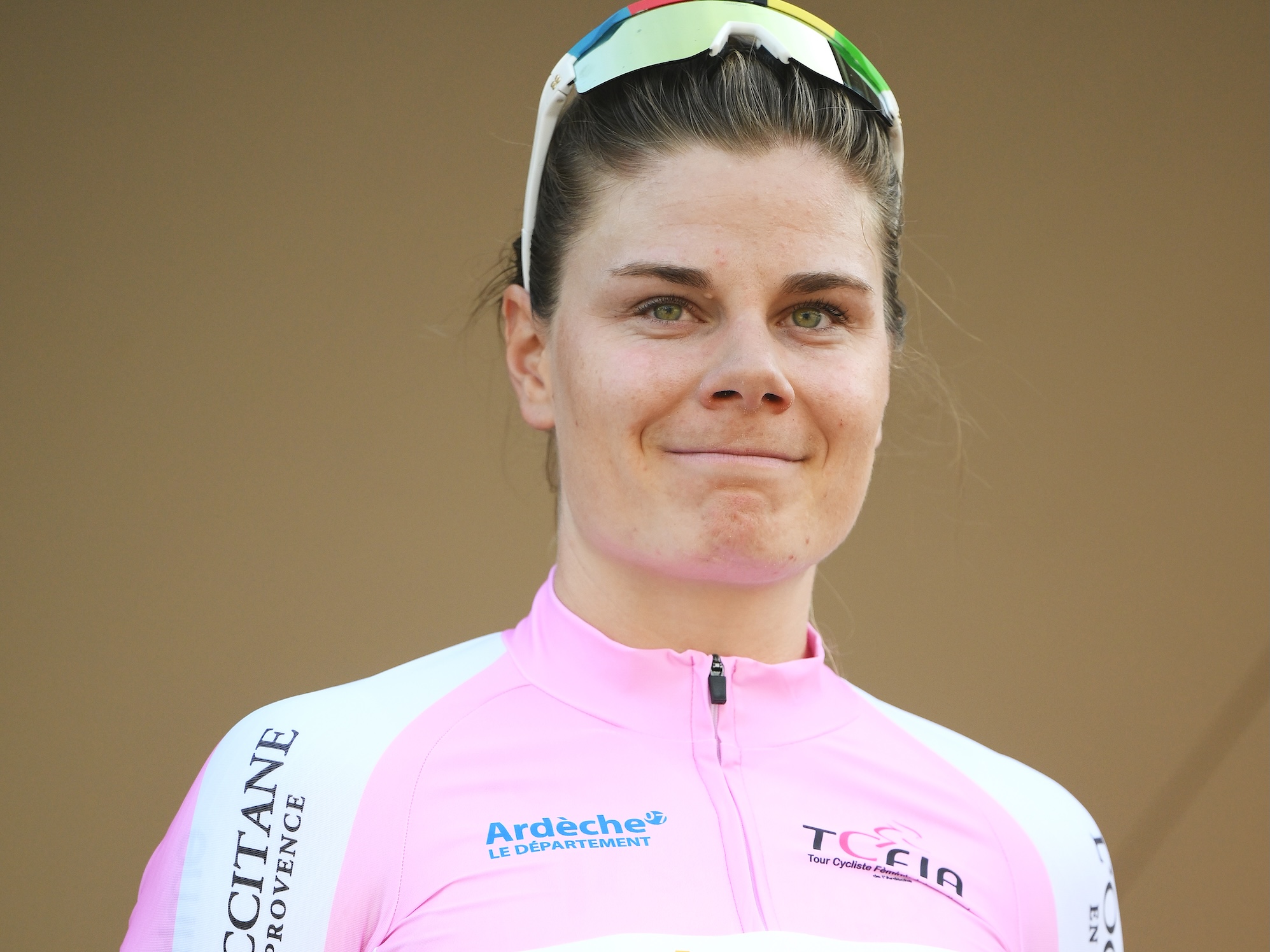 LAUDUN-L&amp;rsquo;ARDOISE, FRANCE - SEPTEMBER 09: Lotte Kopecky of Belgium and Team SD Worx - Protime celebrates at podium as Pink Leader Jersey during the 23rd Tour Cycliste Feminin International de l&#039;Ardeche 2025, Stage 1 a 127.5km stage from Laudun-l&amp;rsquo;Ardoise to Laudun-l&amp;rsquo;Ardoise on September 09, 2025 in Laudun-l&amp;rsquo;Ardoise, France. (Photo by Alex Broadway/Getty Images)