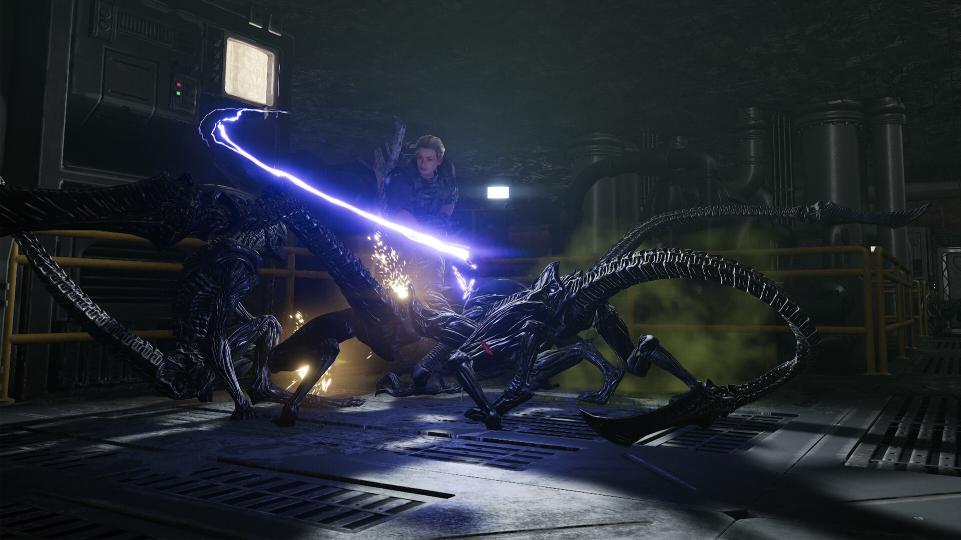 A person wields a glowing electric whip against large, menacing alien creatures in a dimly lit industrial setting, evoking tension and action.