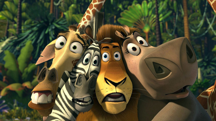 A still from the movie Madagascar in which all the main character animals are huddled together.