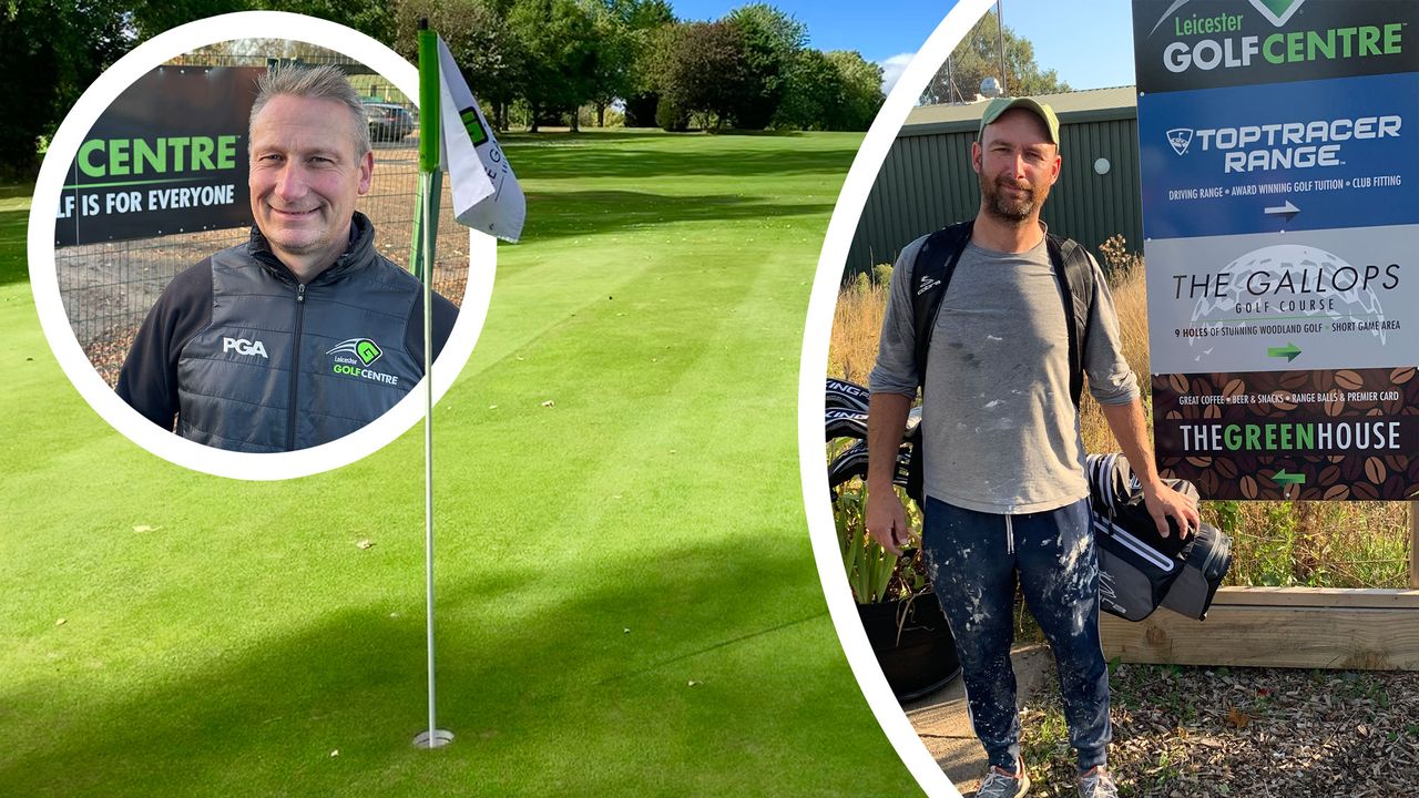 The first green at Leicester Golf Centre, with inset images of a player wearing plastering clothing and an inset image of owner, Anders Mankert