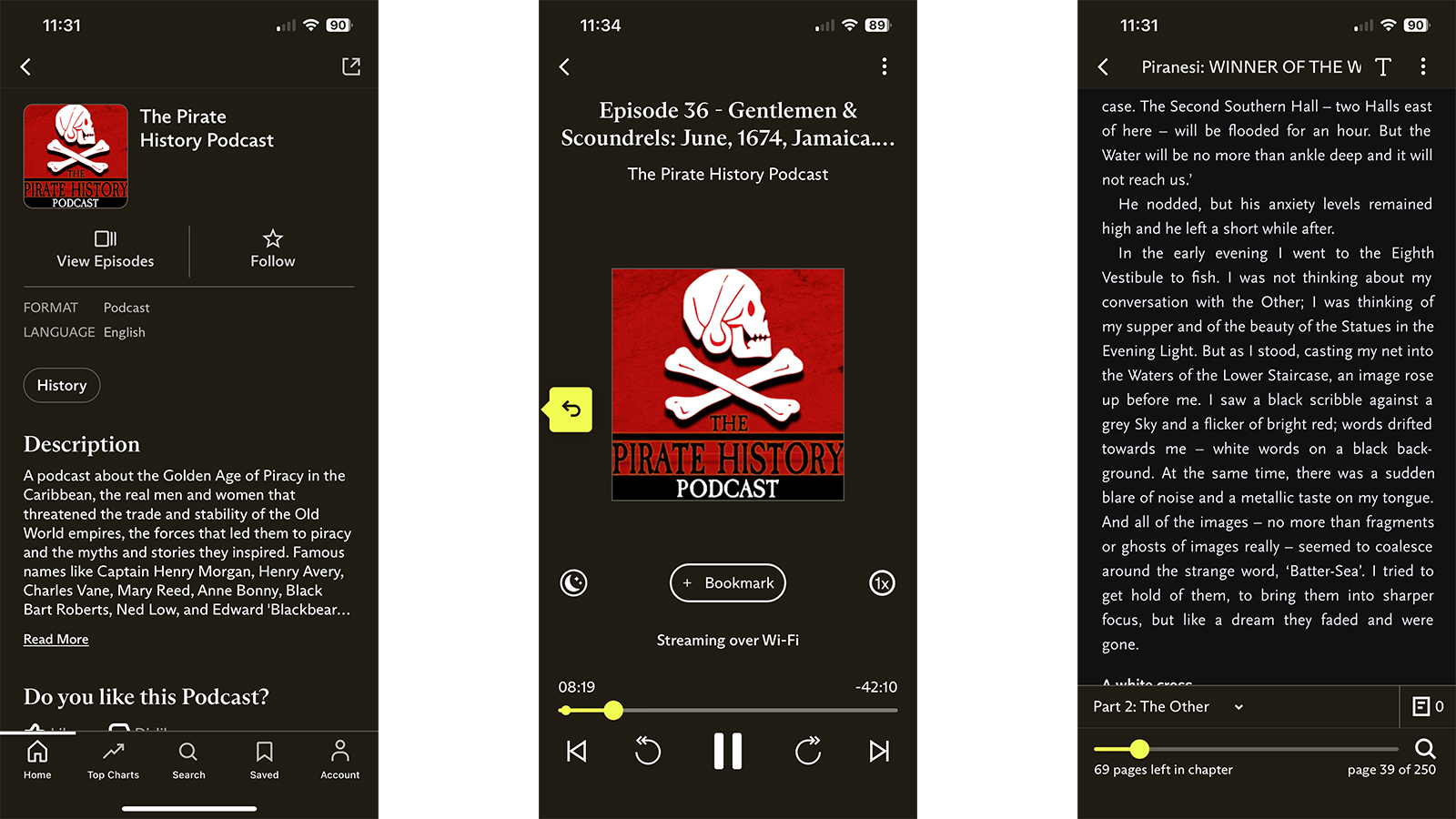 Everand mobile app screenshots with podcasts and ebooks