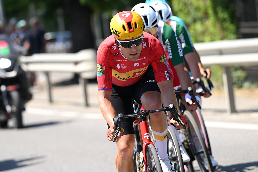 MILAN, ITALY - MAY 24: Fredrik Dversnes Lavik of Norway and Team Uno-X Mobility competes in the breakaway during the 109th Giro d&amp;amp;apos;Italia 2026, Stage 15 a 157km stage from Voghera to Milan / #UCIWT / on May 24, 2026 in Milan, Italy. (Photo by Dario Belingheri/Getty Images)