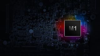 Apple M-series chips concept image showing Apple M1 branding on a GPU circuit board.