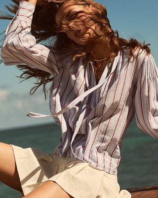 V-Neck Tie Top in Striped Cotton-Blend Dobby