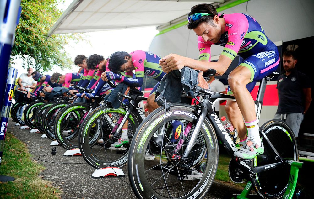 Lampre-Merida riders warming up for the Eneco team time trial