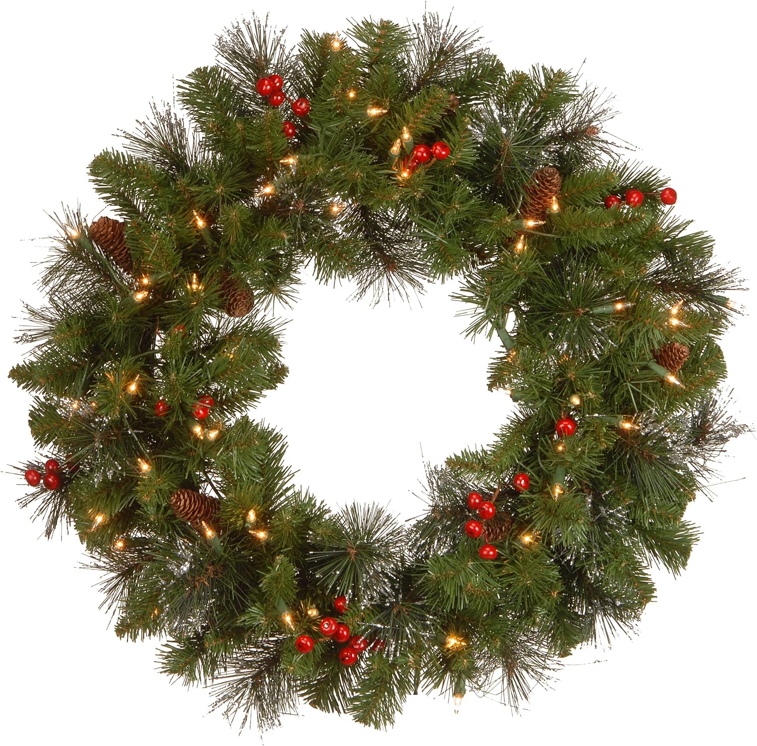 National Tree Company 24 in Pre-Lit Crestwood Spruce Artificial Christmas Wreath, Christmas Decoration With Glitter, Pinecones, Red Berries, 50 Clear Lights, 160 Tips, Green