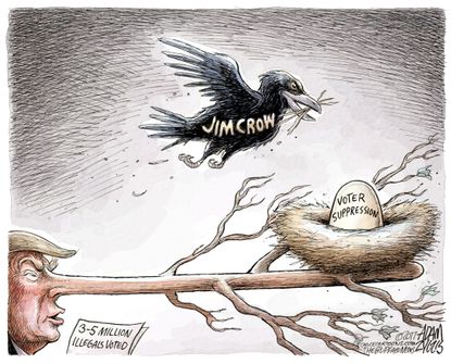 Political Cartoon U.S. Donald Trump illegal voting Jim Crow voter suppression