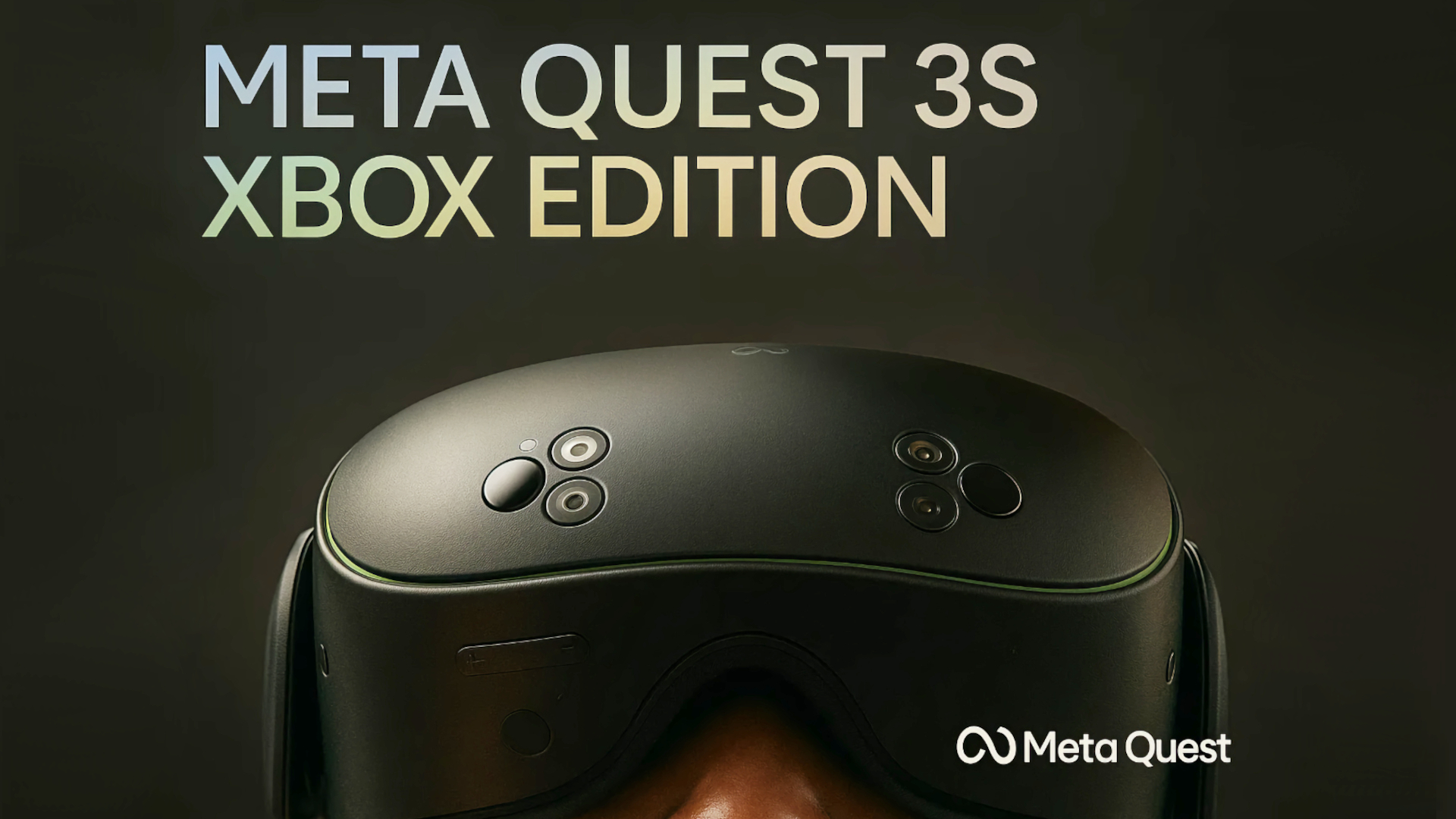 Meta Quest 3S Xbox Edition promotional image showing black and green Meta Quest 3S headset being worn