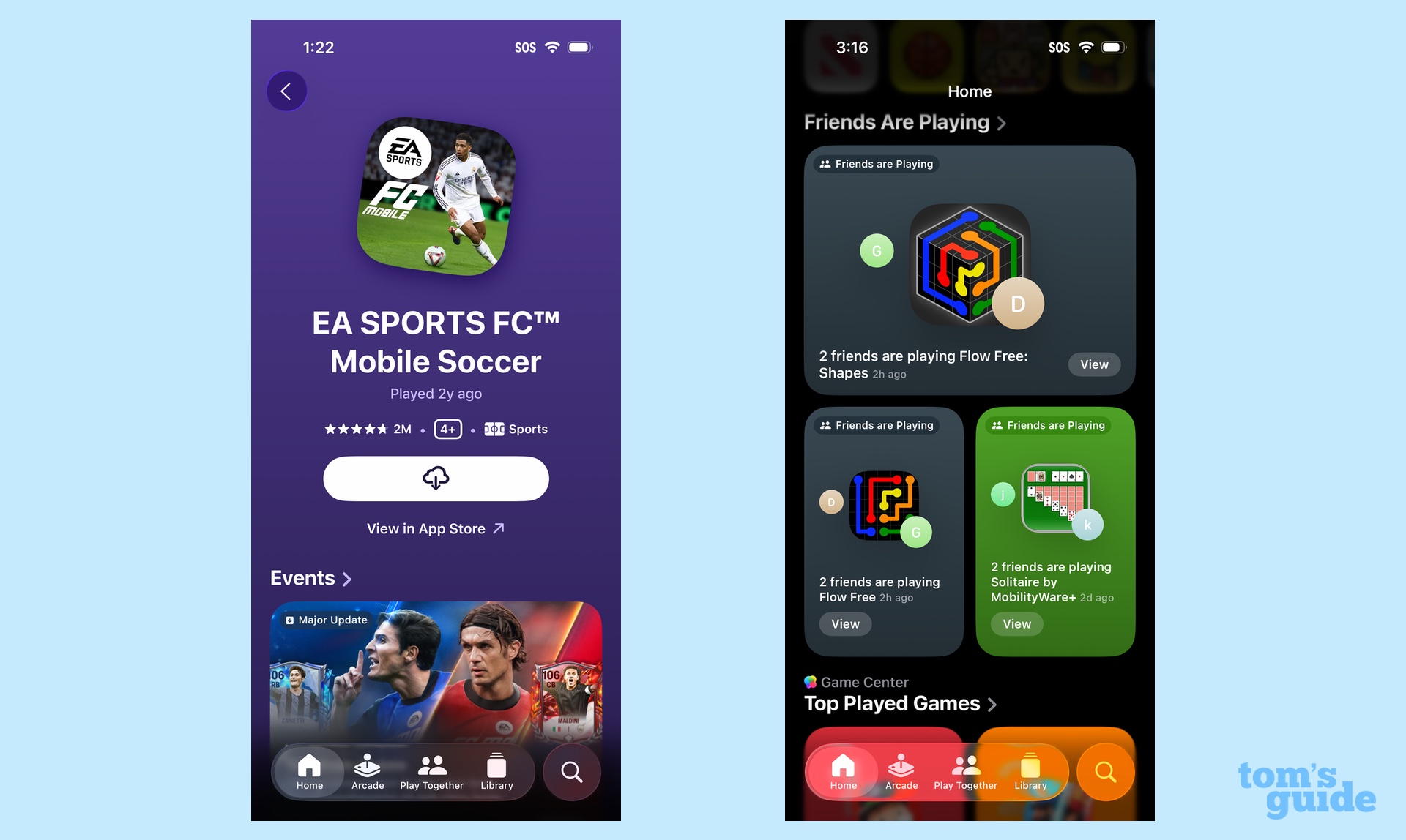 Home tab in Games showing an app you can download and games your friends are playing