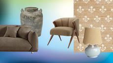 a collage of a brown sofa, urn vase, brown boule armchair, patterned jute rug and blue lamp with scallop shade