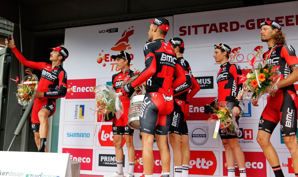 BMC's Taylor Phinney takes a selfie on the podium after stage 5 at the Eneco Tour