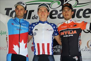The stage 5 podium at Tour de Beauce: Hugo Houle, Gregory Daniel and Diego Milan