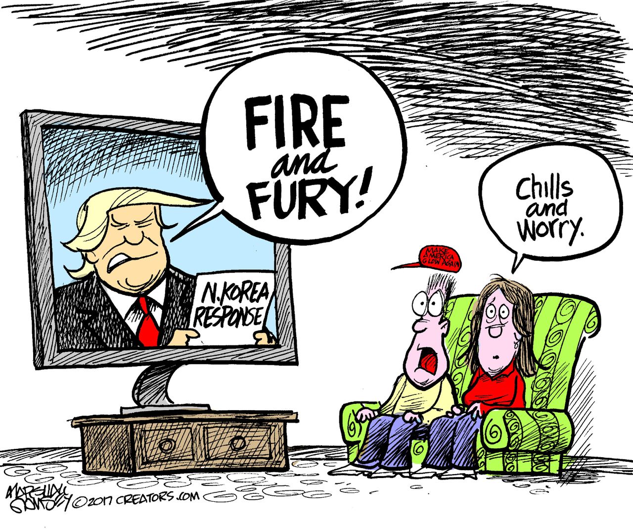 Political cartoon U.S. Trump North Korea nuclear missiles fire and fury