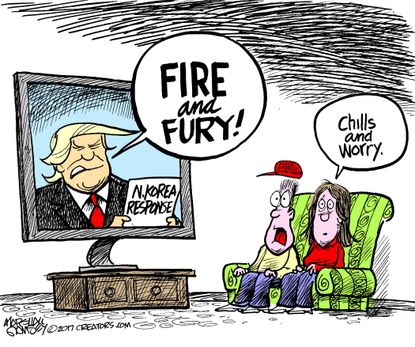 Political cartoon U.S. Trump North Korea nuclear missiles fire and fury