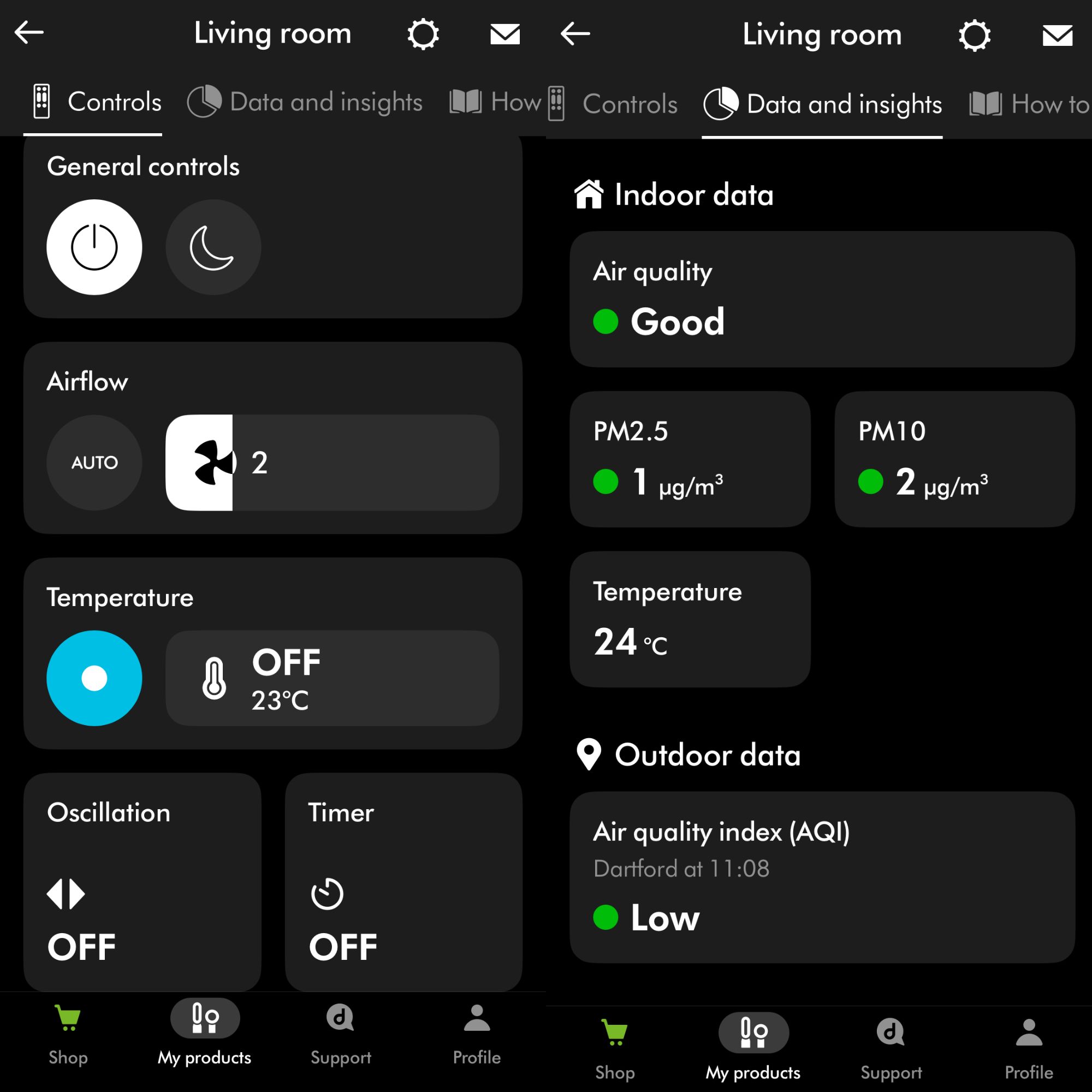 Screenshots of the Dyson app, showing air quality data and temperature controls