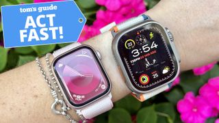 Apple Watch Series 10 on the same wrist next to an Apple Watch Ultra 2 with purple flowers in the backgrround