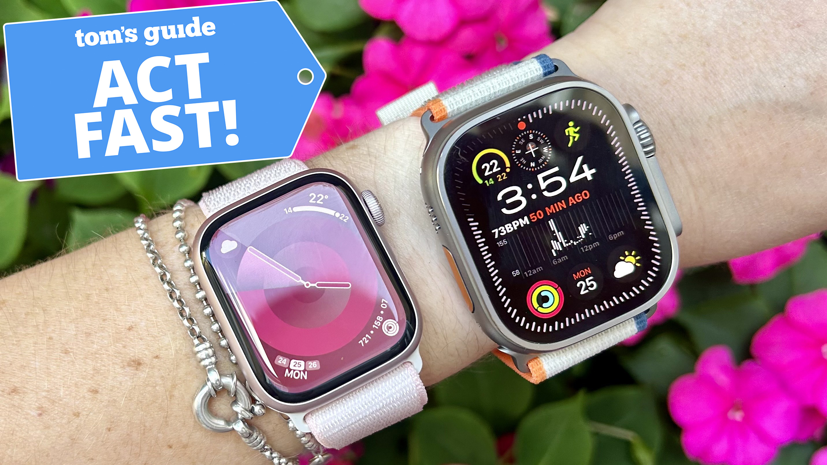 Apple Watch Series 10 on the same wrist next to an Apple Watch Ultra 2 with purple flowers in the backgrround