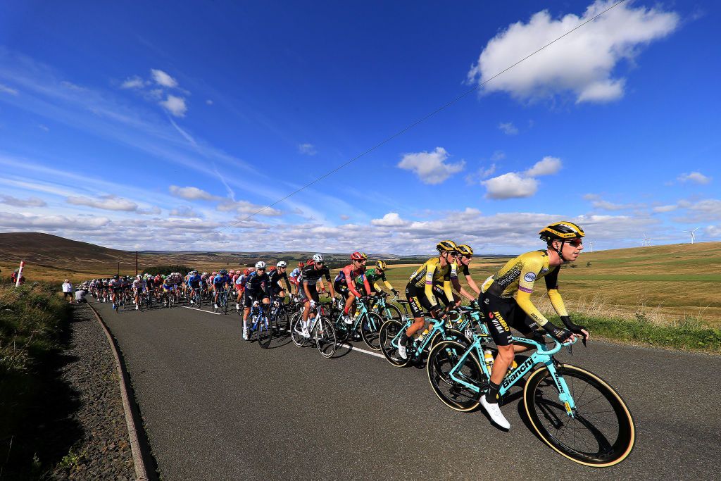 Jumbo Visma lead the peloton at the Tour of Britain