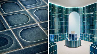 Nada Debs and Kohler hammam inspired installation at Design Miami 2022 with blue and green tiles