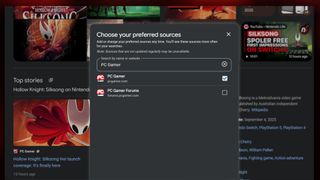 A screenshot of the Google Preferred Sources window with PC Gamer selected, over the top of a Google Search for Hollow Knight: Silksong.