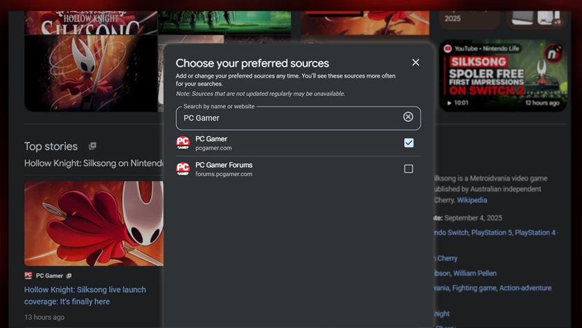 A screenshot of the Google Preferred Sources window with PC Gamer selected, over the top of a Google Search for Hollow Knight: Silksong.