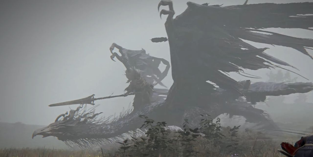 Zoomed in shot of dragon riding boss enemy from Elden Ring Nightreign's debut trailer, showing similarities to Elden Ring's Nameless King