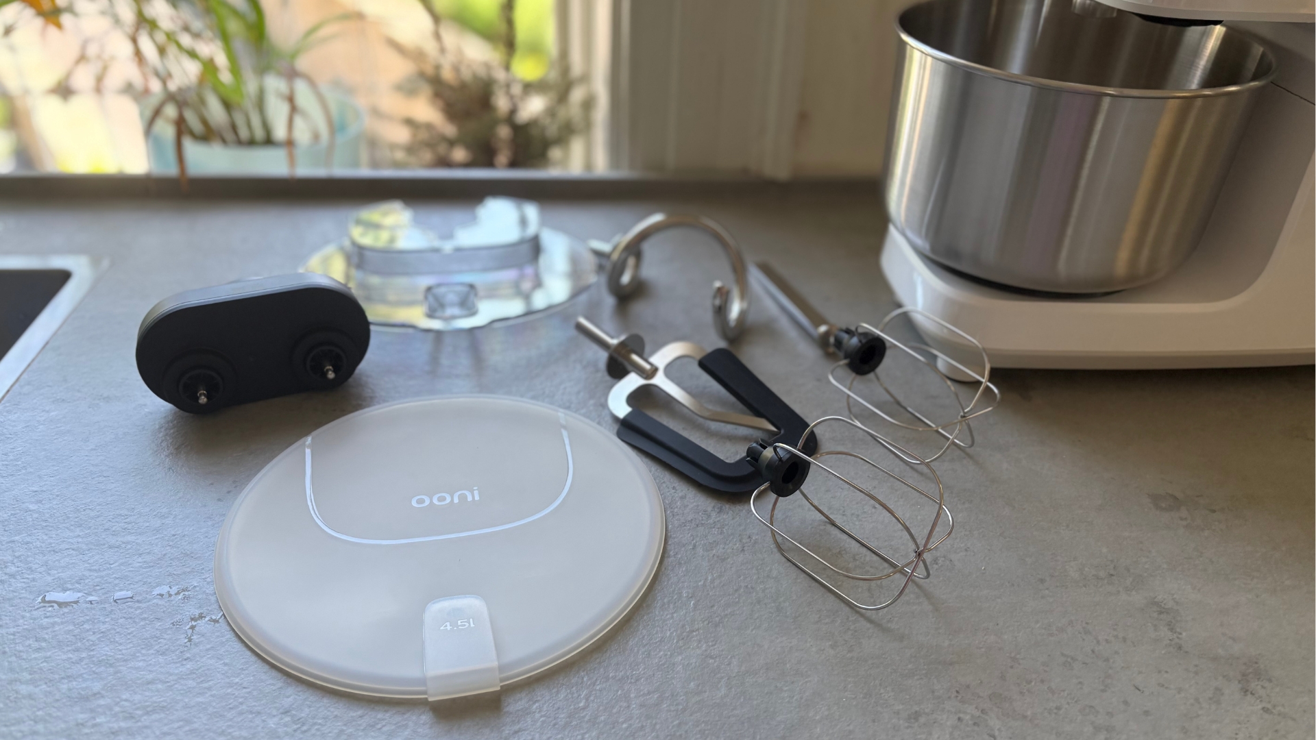 Testing the Ooni Halo Core Stand Mixer showing the accessories