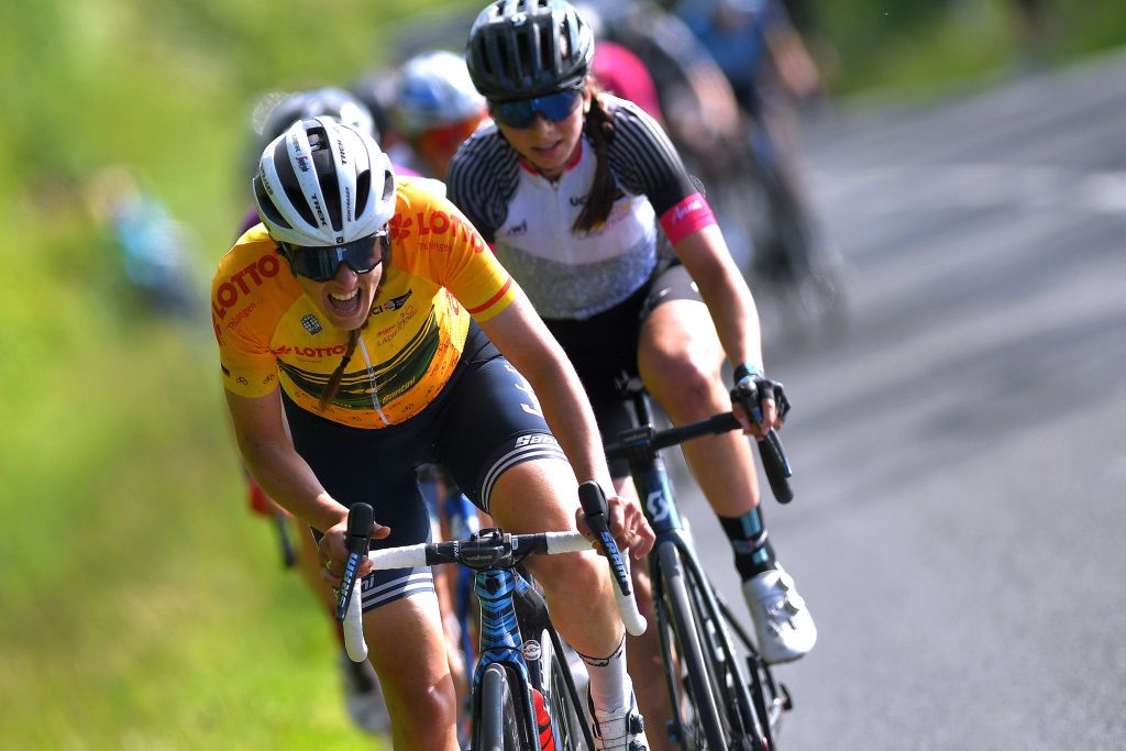 WEIMAR GERMANY MAY 29 Lucinda Brand of Netherlands and Trek Segafredo yellow leader jersey Liane Lippert of Germany and Team DSM stage winner jersey during the 34th Internationale LOTTO Thringen Ladies Tour 2021 Stage 5 a 1433km stage from Weimar to Weimar ltlt2021 lottothueringenladiestour womencycling on May 29 2021 in Weimar Germany Photo by Luc ClaessenGetty Images