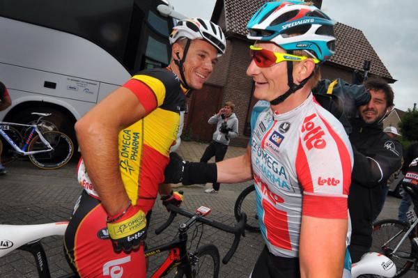 Belgian champion Philippe Gilbert and stage 1 winner Andre Greipel are all smiles in Sint Willebrord.