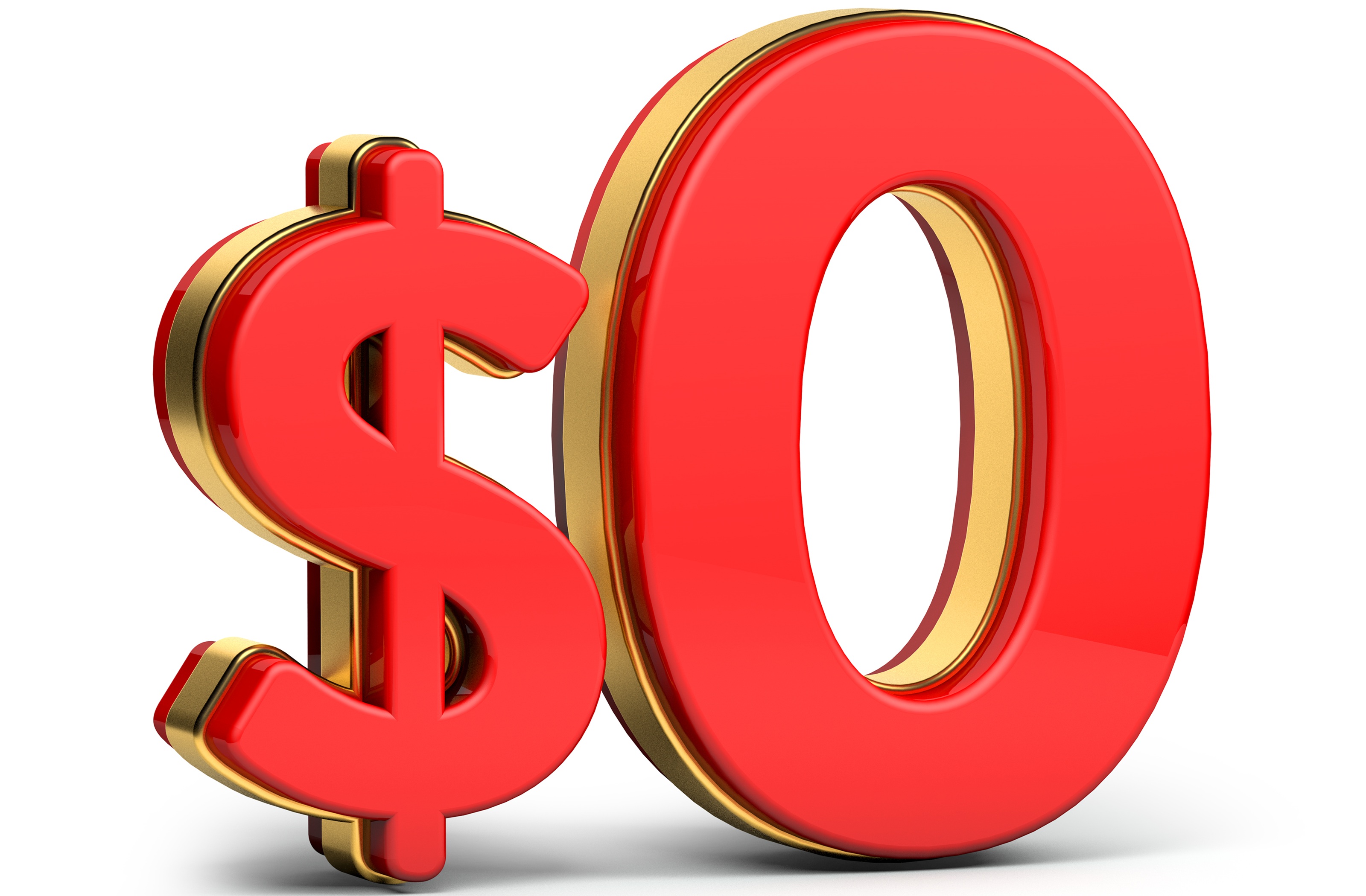 A large $0 in red and gold.