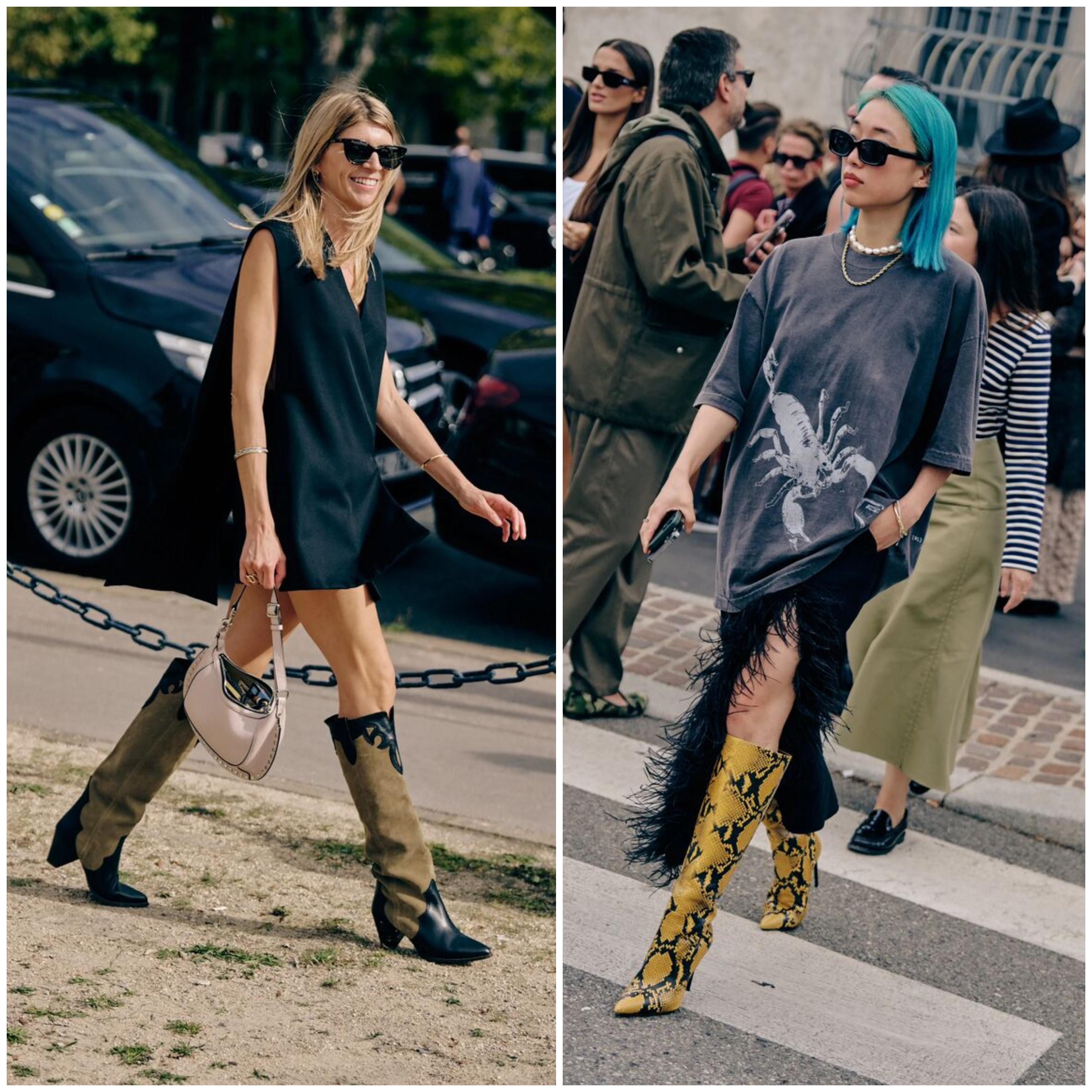 women at paris fashion week wearing brown cowboy boots and yellow snakeskin boots