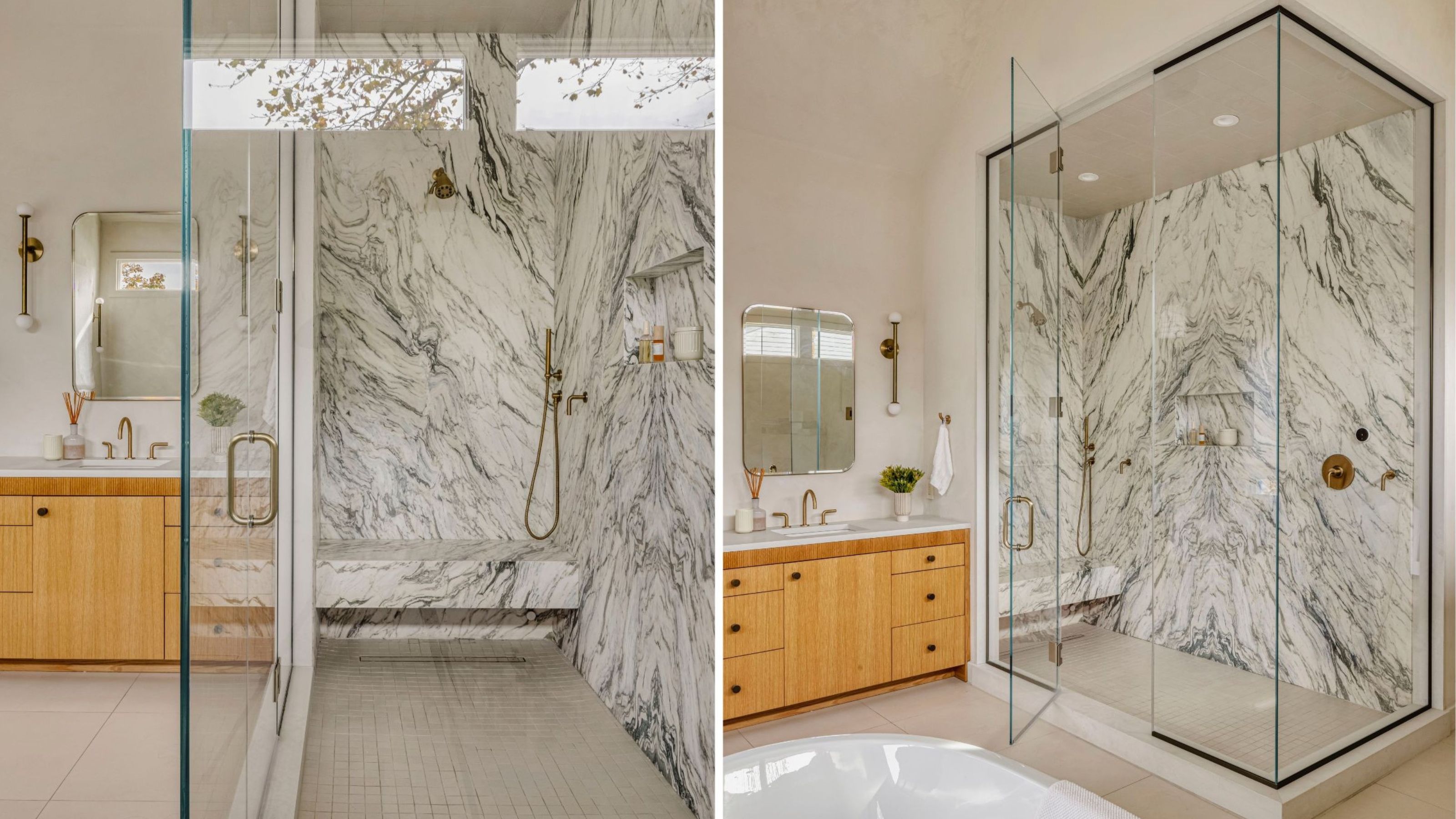 Two different shots of the shower area in the master bathroom with bookmatched tiles placed inside the shower as well as a shower rail and an area inside the shower to sit in